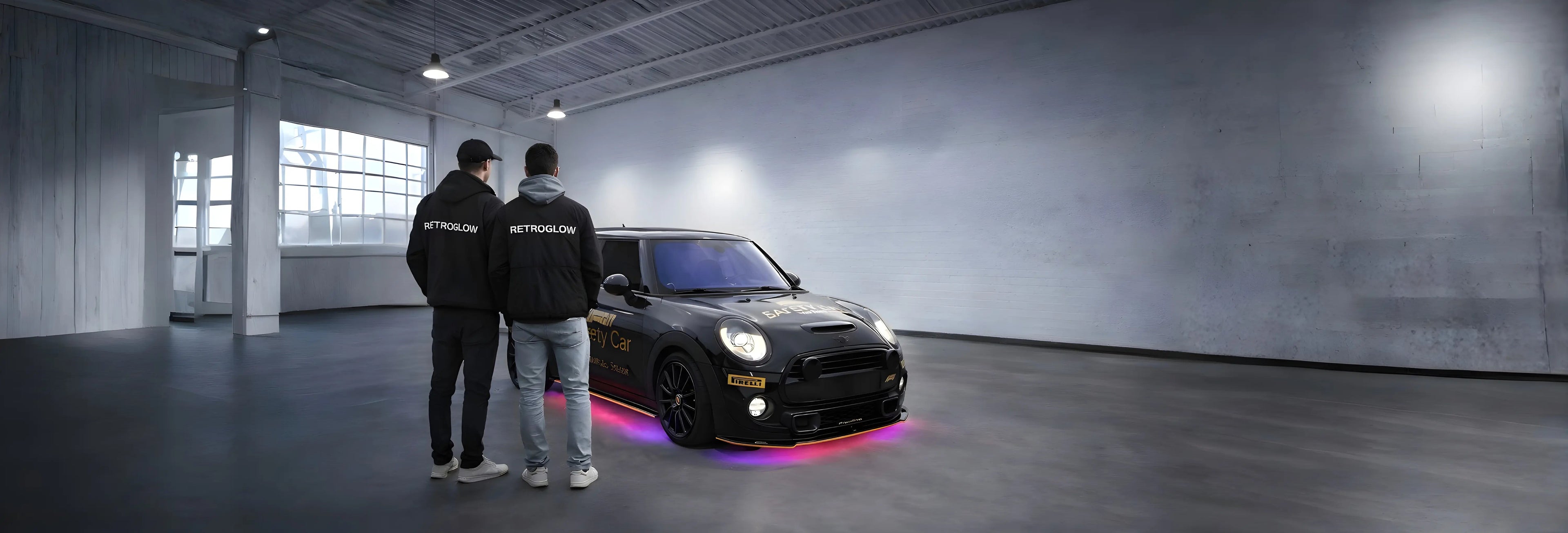 Two people who are looking at a modified car